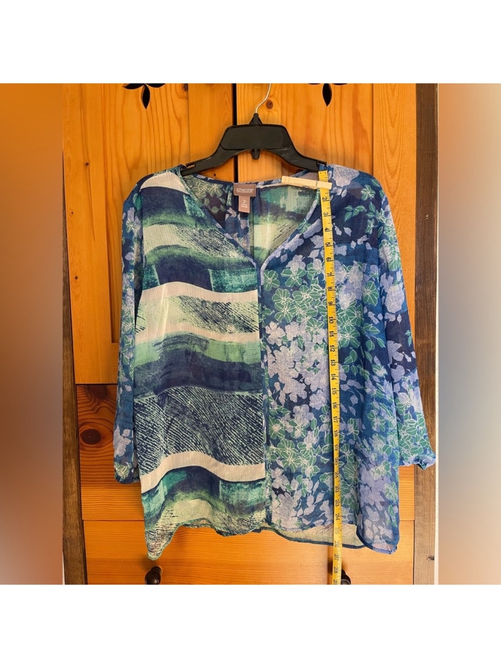Chico's Blue & Green Mixed-Print V-Neck Blouse
